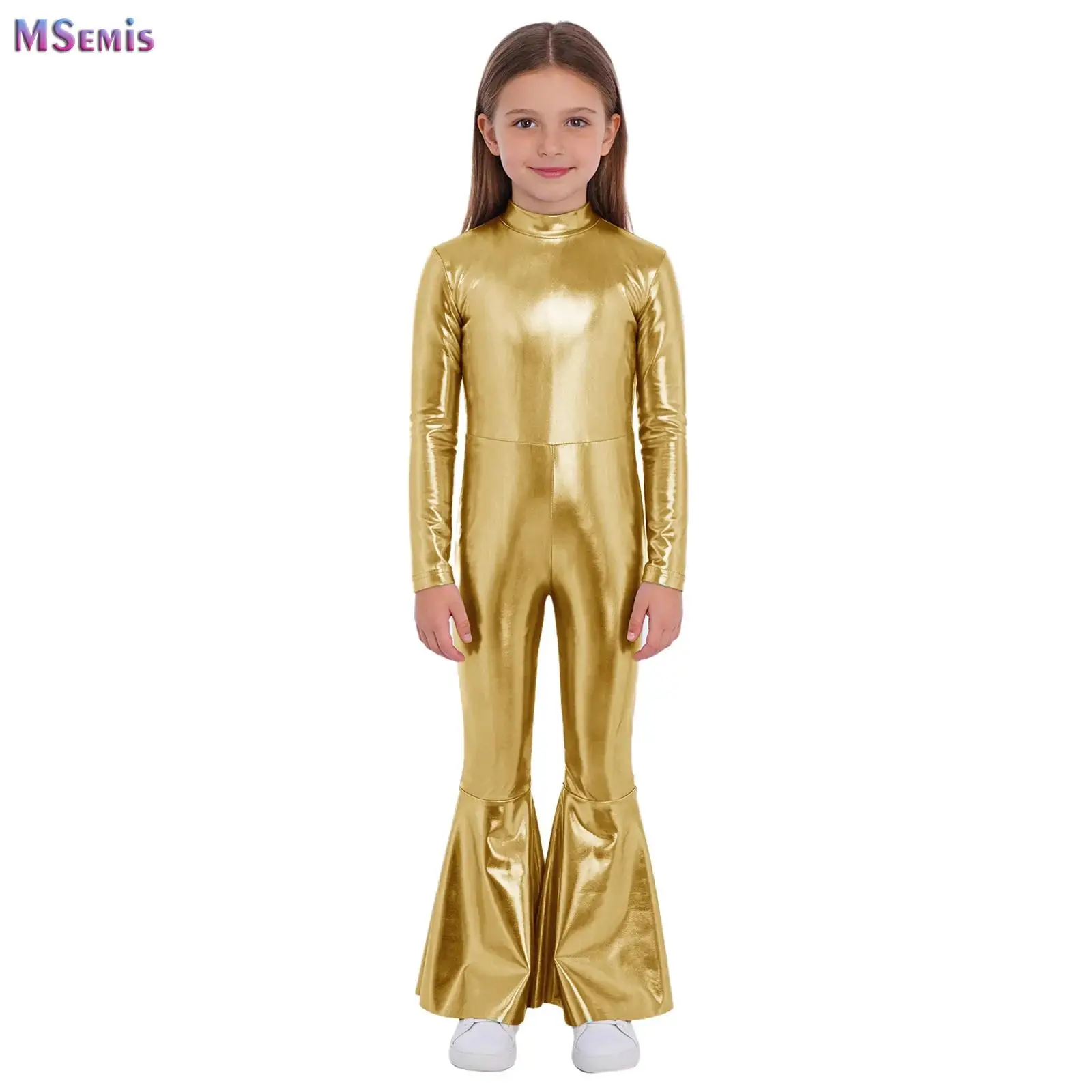 Halloween Kids Girls Hippie Costume Metallic Unitard Bell-bottom Long Pants Bodysuit Jumpsuit for Disco Dance 60s 70s Rave Party