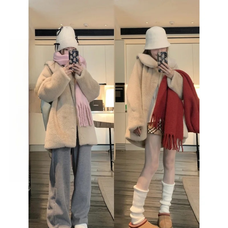 

Eco-Friendly White Bear Fur Coat Women's Autumn Winter New Sle Sweet Sle Polyester Fiber Long Sve Button Closure