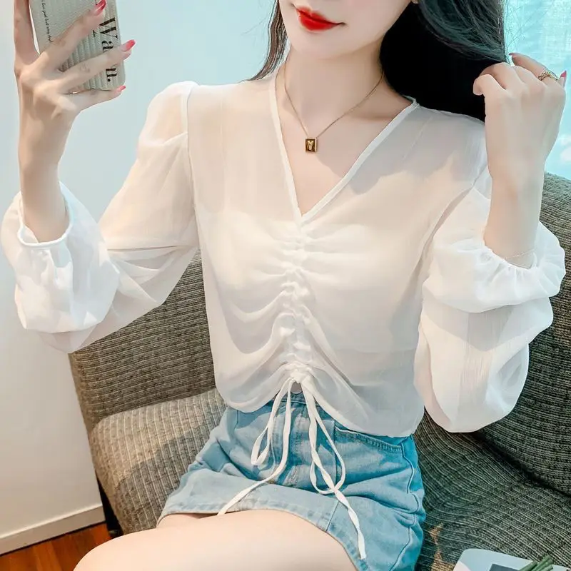 

Summer New Thin Chiffon Blouse Long Sleeve Solid Color V Neck Drawstring Short All-match Shirt Tops Casual Fashion Women Clothes