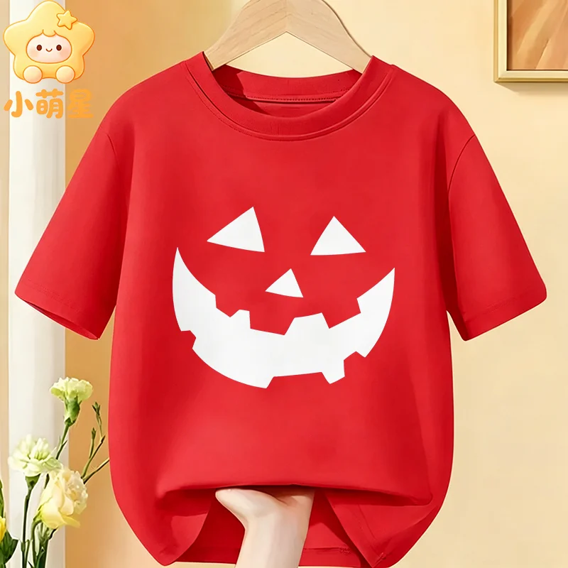 Halloween Party Tee Bold Simple Jack‑o‑lantern Pumpkin Face Spooky Halloween Graphic Cotton Short Sleeve Casual Children Top