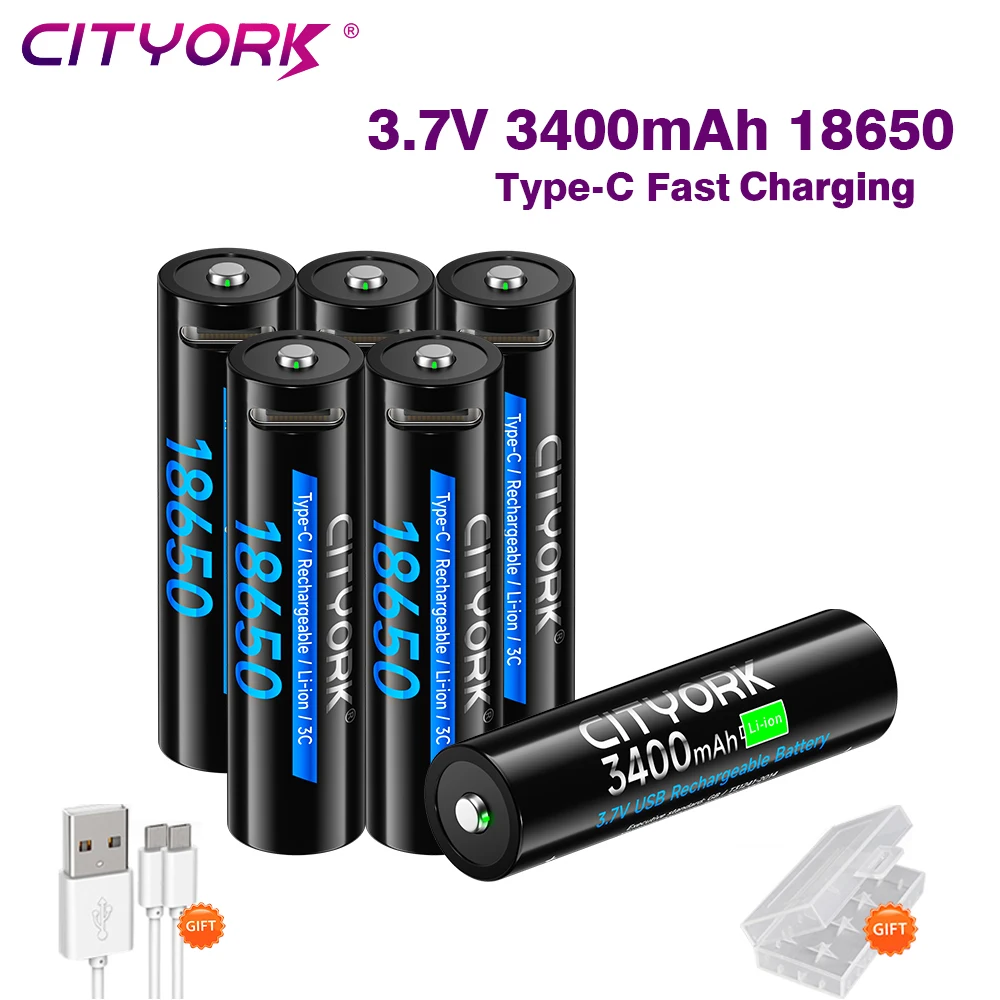 

CITYORK 3.7V 18650 Battery 3400mAh High Capacity 18650 lithium Rechargeable Battery li-ion batteries With USB-C Charging