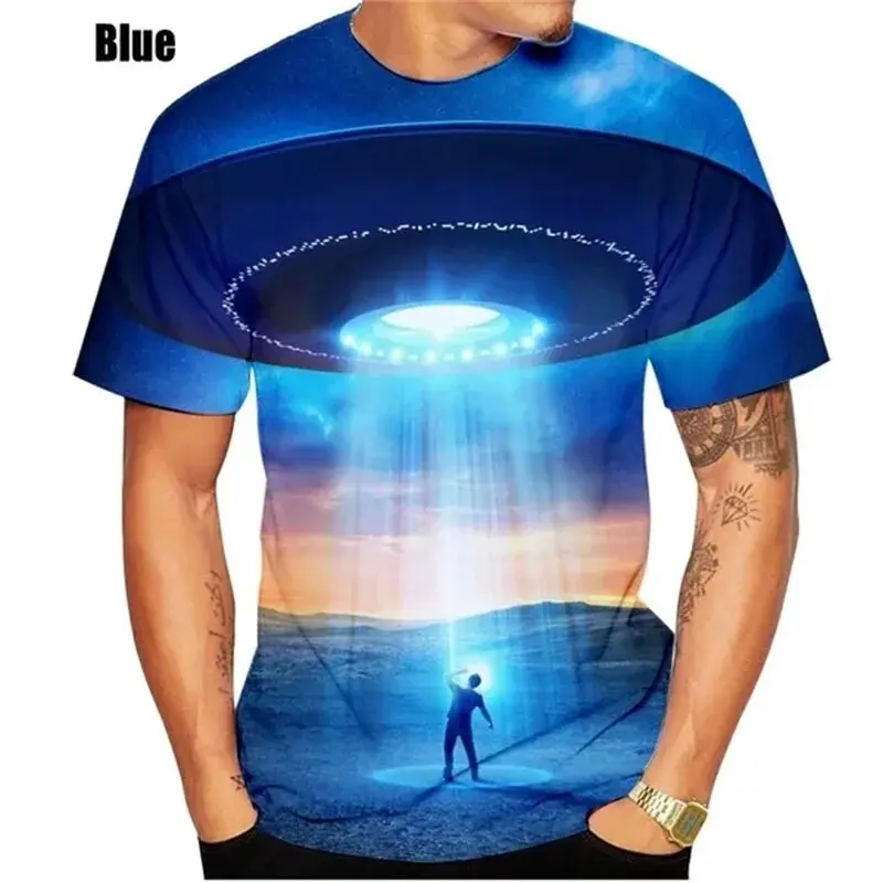Nave espacial masculina com gola redonda camiseta de manga curta, blusa esportiva casual, nova moda verão, plus size