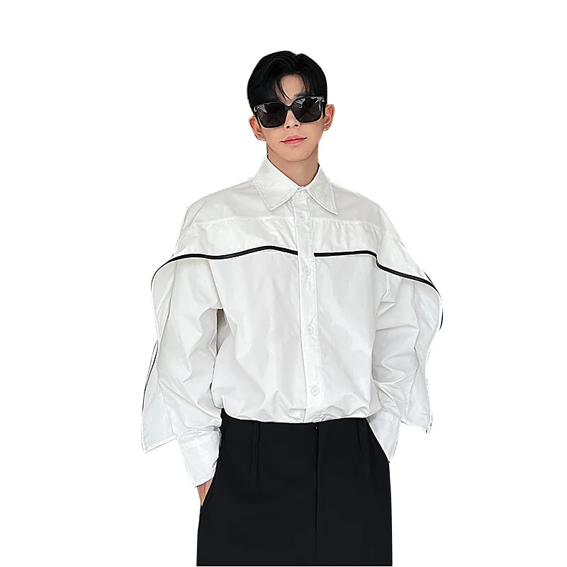 3D Cropping Shirt for Men Korean Streetwear Fashion Show Loose Causal Long Sleeve Vintage Shirts Male Party Shirts Blouses