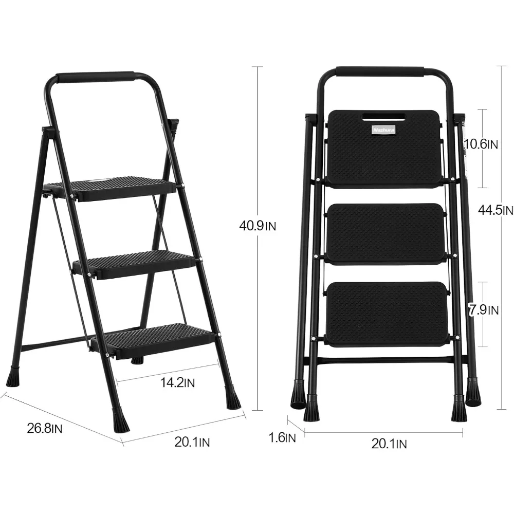 Échelle de tabouret pliable à 3 marches, limite de poids de 300 lb, échelle pliante à 3 marches pour cuisine, avec large pédale antidérapante, robuste