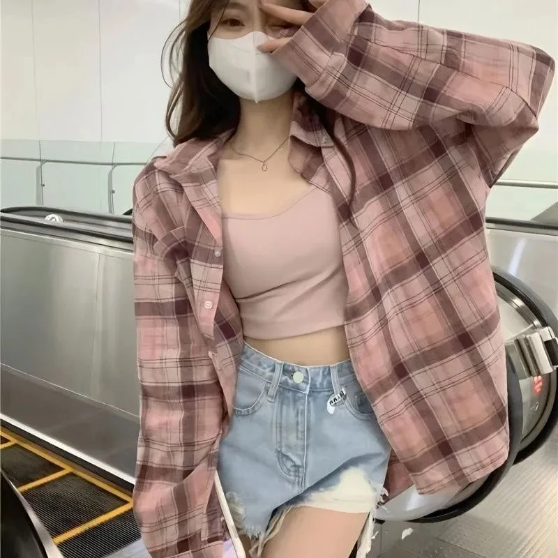 Geruite Blouse Voor Dames Oversized Tops Mode Casual Lange Mouwen Shirts Blusas Mujer De Moda Vintage Y 2K Kleding Koreaanse Blouses