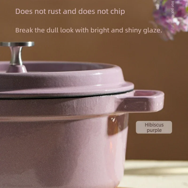 Enamel Cast Iron Casserole Pot Non-stick Multi-purpose Stew Soup Pot Flat Bottom Compatible with Gas Induction Cooker for Home