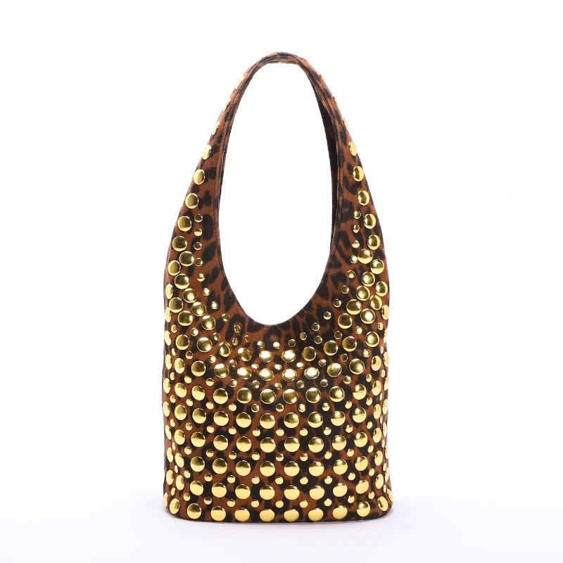 

Новая матовая сумка-ведро с заклепками и леопардовым принтом в европейском и американском стиле, женская сумка на плечо из искусственной замши, модные сумки подмышками