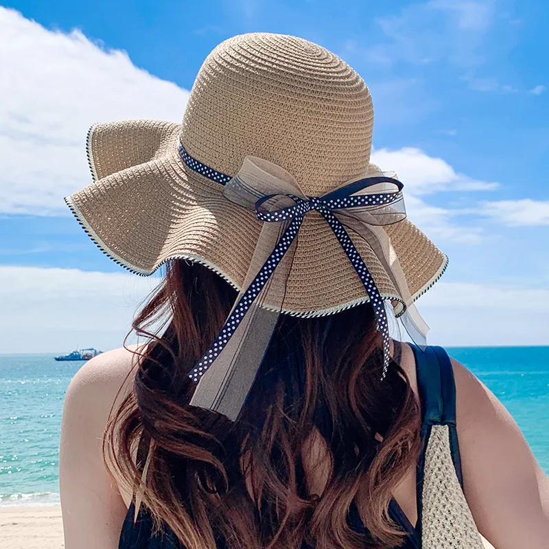 Summer New Wave Dot Bow Straw Hat Women's Korean Edition Versatile Sun Protection Hat Fashion Ribbon Sun Protection Hat Children