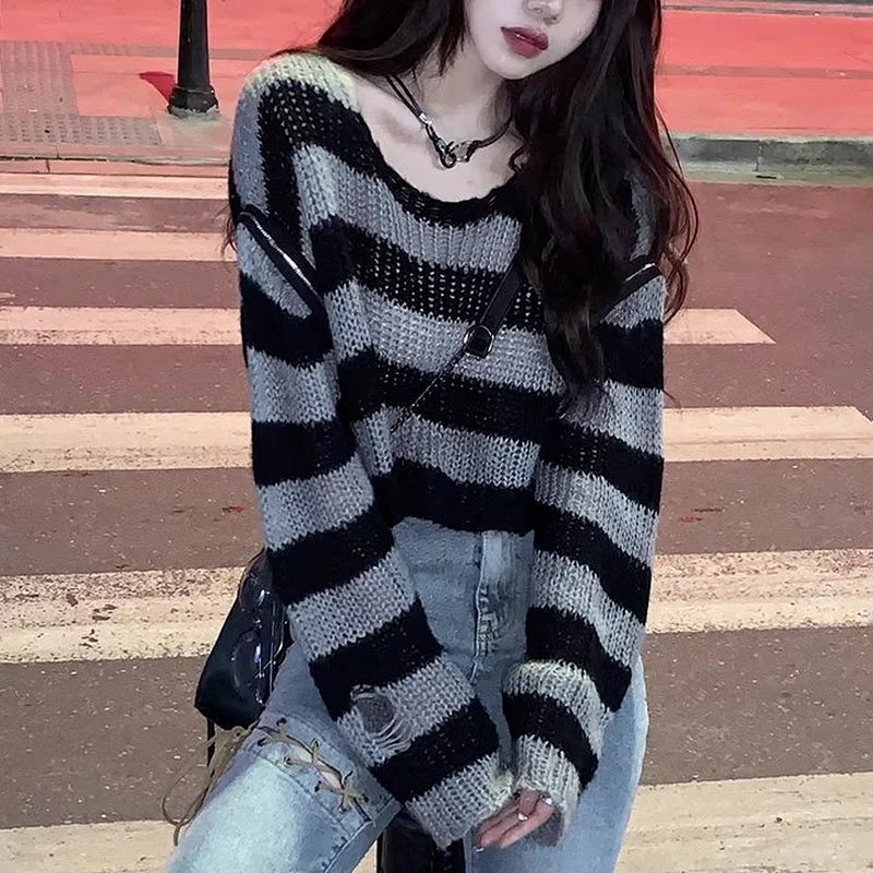 KOSAHIKI 2024 Punk Gothic Crop Sweater Women\'s Loose Hollow Knitted  Striped Zipper Pullover Aesthetic Jumper  Tops