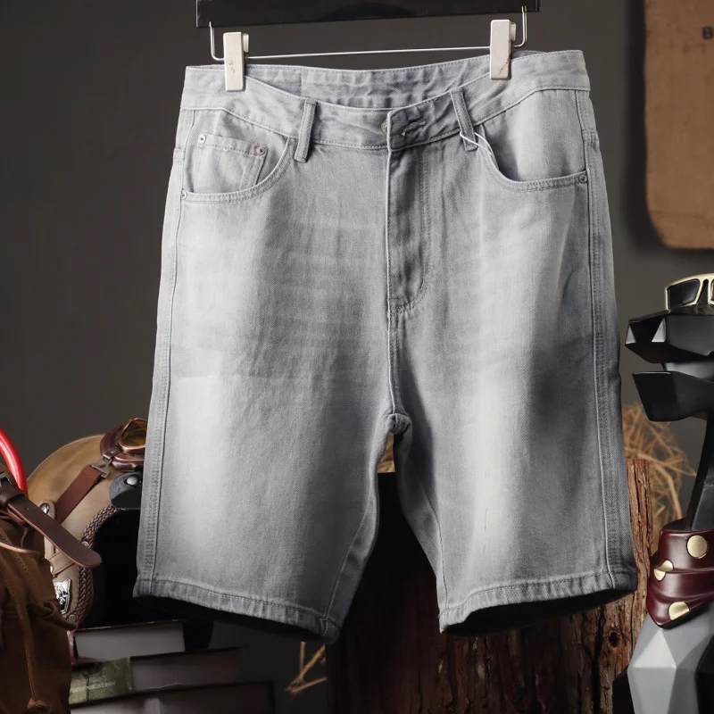 

Летние тонкие серые джинсовые шорты премиум-класса, мужские свободные повседневные шорты с прямыми штанинами, пять дюймов