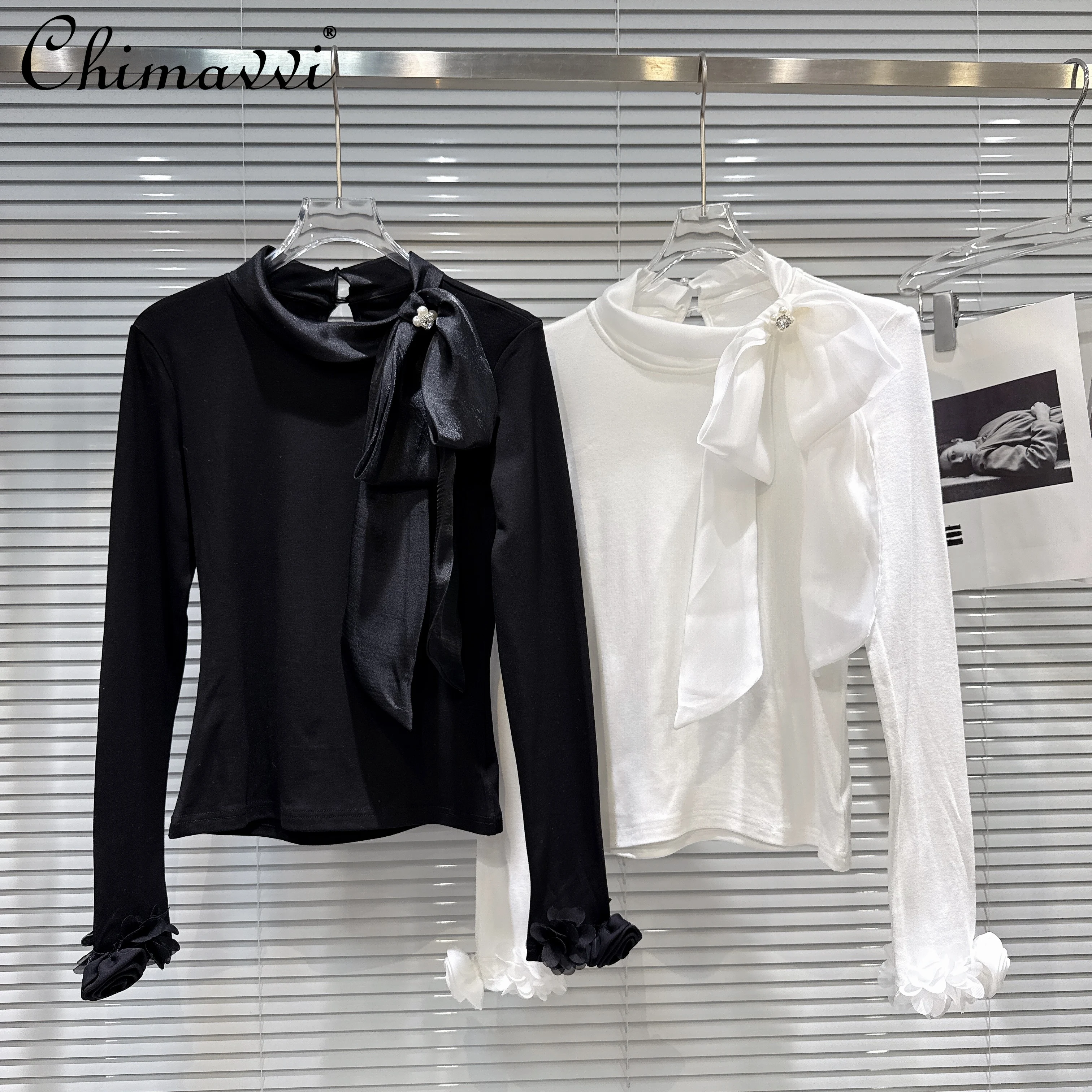 

French Elegant Temperament Diamond Button Lace-up Bow Round Collar Long Sleeve Versatile Sweet Loose Shirts Blouse Women Autumn