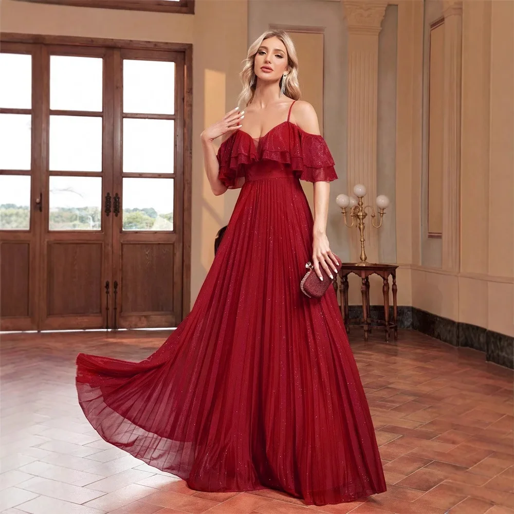 Middle East European and American New Multi-Layer Pleated Lace Sling Elegant Dinner Dress Bridesmaid Banquet Dress