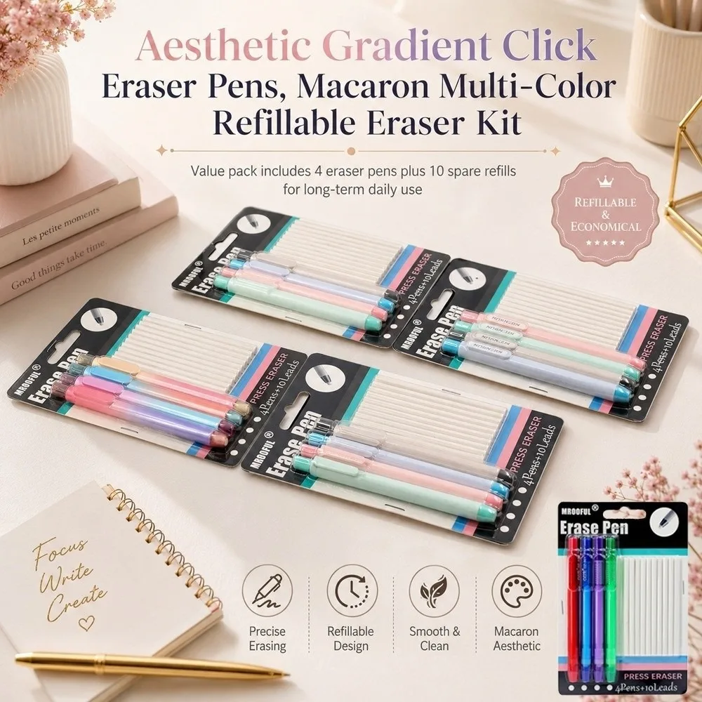 14Pcs Retractable Pen Shaped Eraser With Refill Eraser Leads Push Type Eraser Set Macaron Refillable Eraser Pen