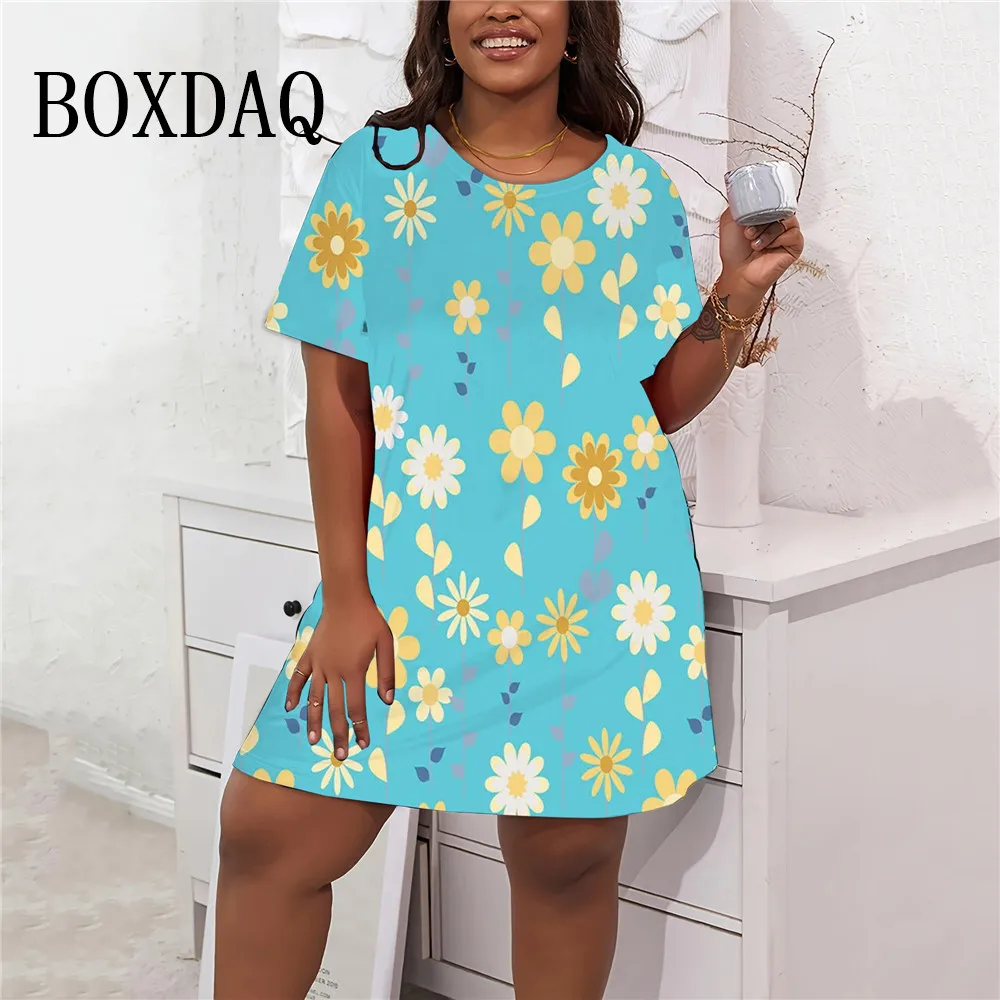 

2024 Big Sizes Dresses Women Summer Flower 3D Print Loose Dress Short Sleeve Ladies Pullover Casual Mini Dress Plus Size 8XL 9XL