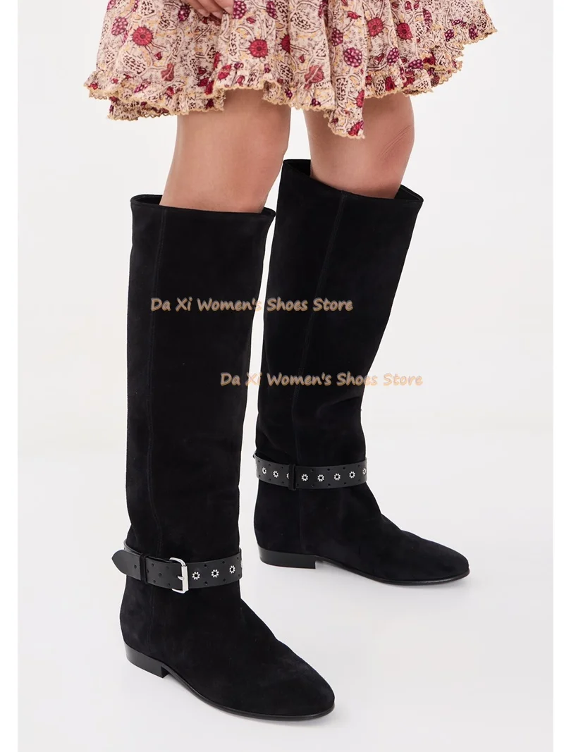 Khaki suede Suede Knee High Slouchy Boots Metal Eyelet Buckle Strap Decor Flat Low Heel Pointed Toe Retro Autumn Winter Boots