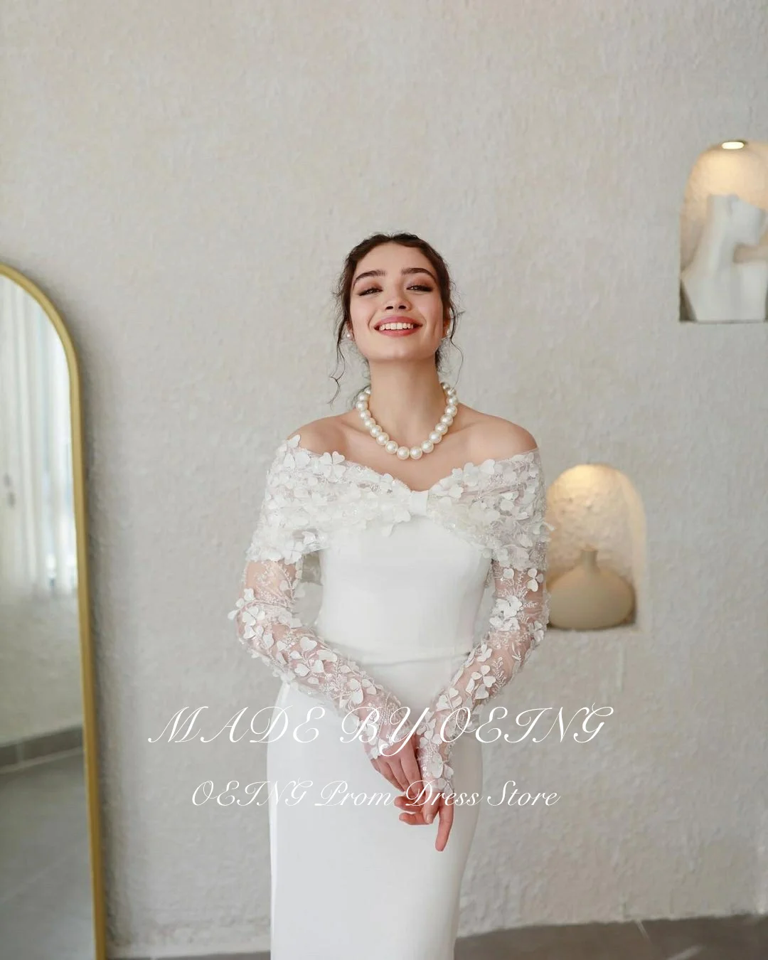 OEING White Wedding Dress Elegant Off The Shoulder 3D Lace Appliques Long Sleeves Bridal Gown Exquisite Bridal Dress Gala