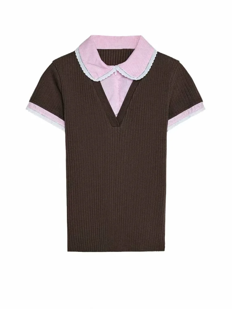 Primavera 2025 Moda Femenina Cseta de Manga Corta con Cuello  y Bloques de Color Diseño Simple Acordonado Estilo para ...