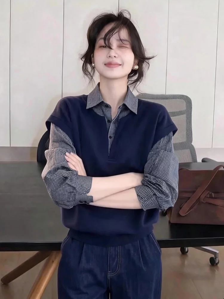plus Size Striped Shirt Women Long Sleeve Spring Autumn New Style Conceal Meat Slim Splicing Top Commute Style Korean Version