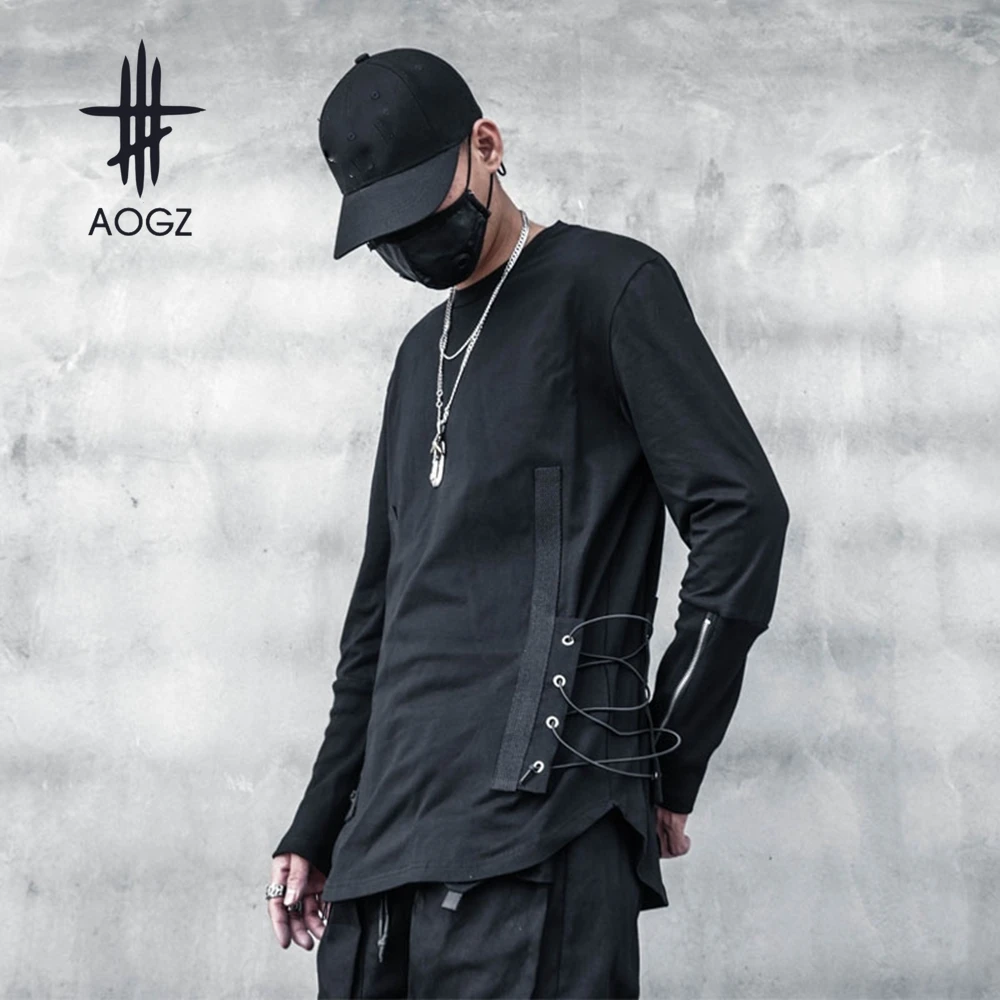 AOGZ Spring Zipper Sleeve Straps Hoodies Punk Sweatshirts Pullover Men Loose Casual Long Sleeve Tops Techwear Streetwear Black