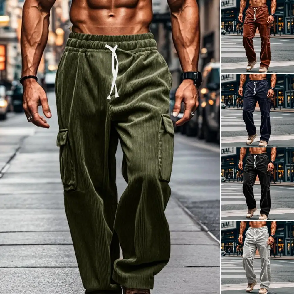 Men's Cargo Pants With Elastic Waist Straight Leg Loose Solid Color Retro Pocket Everyday Wear Casual Tracksuit Pants