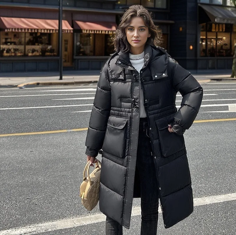 

2025 Winter Women's Long Cotton Jacket Female Pure Color Hooded Long Parkas Coats Women's Thicken Warm Jacket Women's Clothing