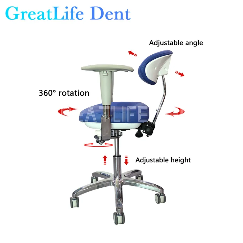 GreatLife 치과 의사 간호사 PU 가죽 팔걸이, 럭셔리 다채로운 높이 조절 좌석 스툴 휠 리프팅 회전 치과 의자