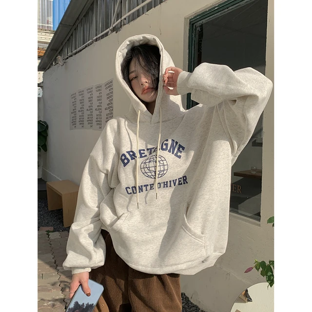 Vintage Grey Hoodie Sweatshirt Long Sleeve Korean Fashion Baggy Plus Fluff Letter Printing Casual Female Tops Pullover Hoodie Hoodies Sweatshirts AliExpress