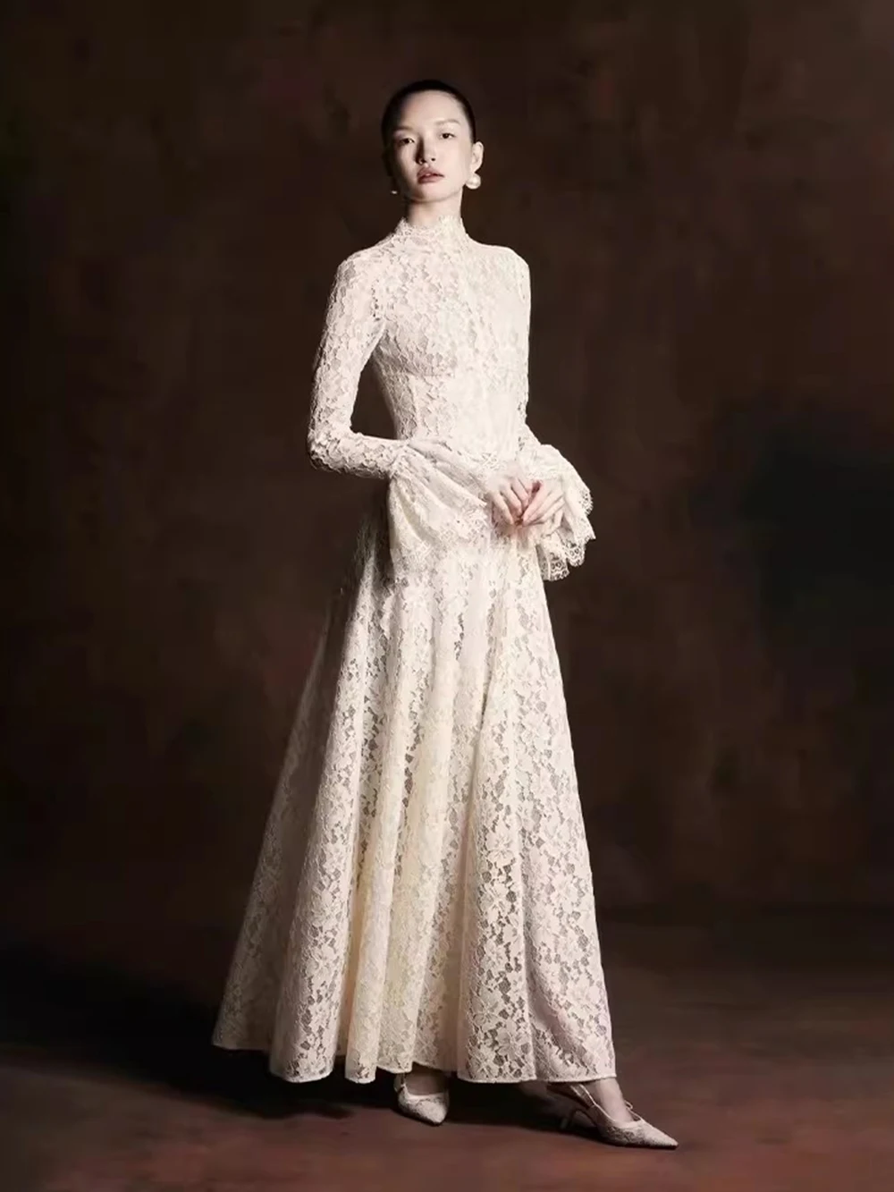 Modphy Elegant High Neck A Line Prom Dress 2026 Flared Sleeves Lace High Waist Birthday Dress Slim Fit Evening Gowns