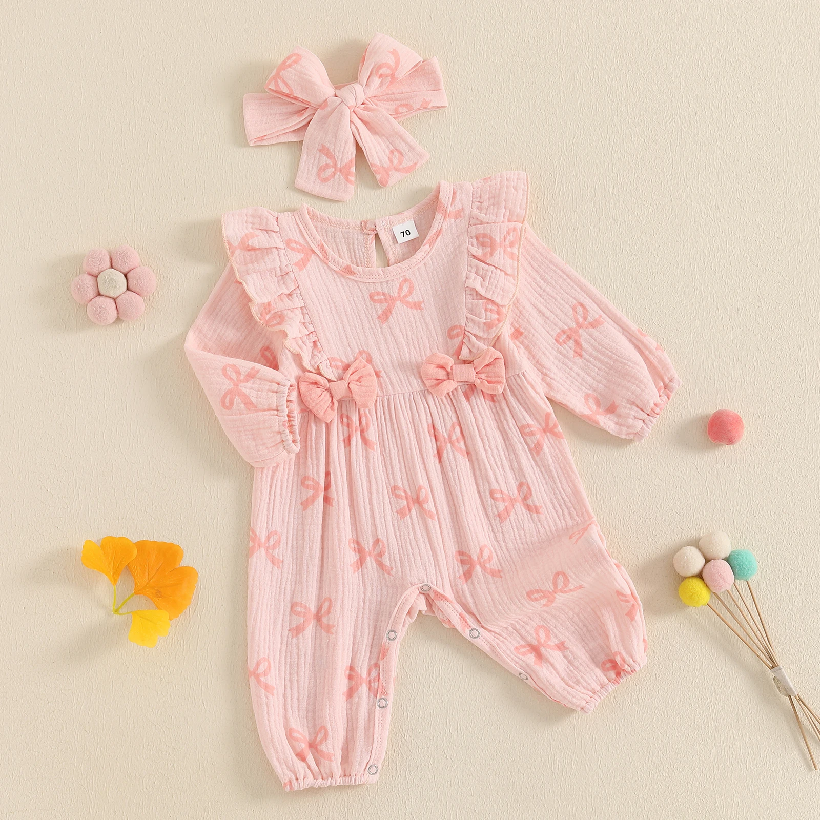 Baby Girl 2Pcs Fall Outfits Long Sleeve Bow Print Ruffle Jumpsuit with Headband Set Newborn Baby Girls Rompers Clothes