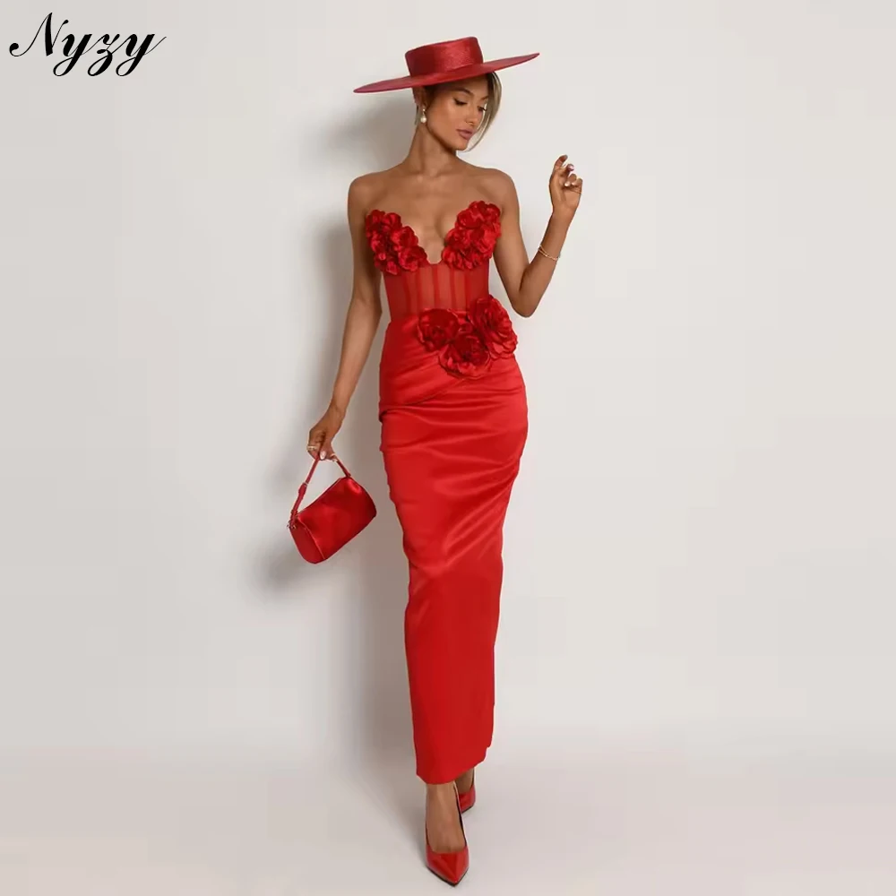 

NYZY E715 Couture Satin Mermaid Red Evening Dresses Floral Handmade Flowers Party Prom Dress Simple Summer Women Dress Elegant