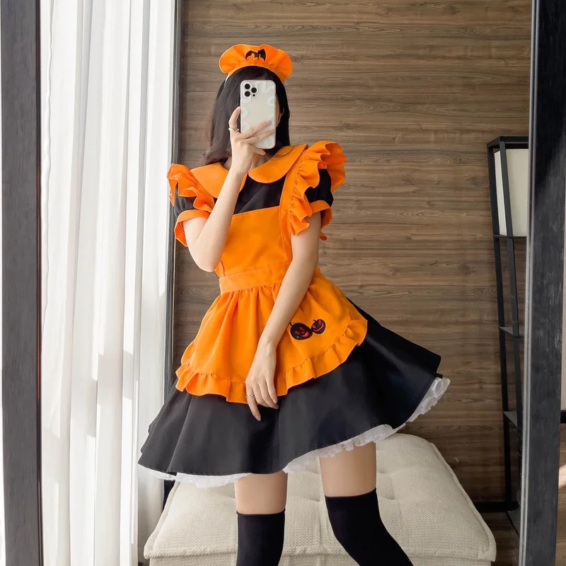 

Cosplay Halloween Apron Maid Skirt Pumpkin Embroidery Costume Bat Vampire Magic Witch Festival Party Stage Performance Costume