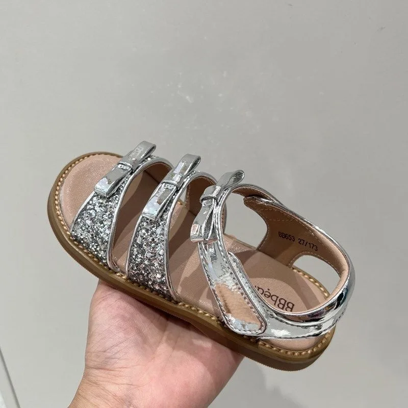 Kids'Casual Sandals PU Leather Peep Toe Summer Fashion Outdoor Breathable Shoes For Girls Anti-slip Silver Shoes Size 26-37