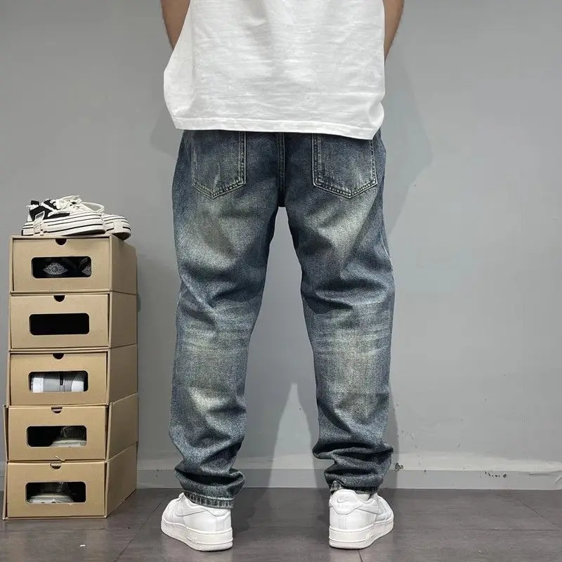 Autumn Men's Ripped Patched Jeans Vintage Wash Distressed Denim Pants Loose Slim Straight Leg Hip Hop Casual Trousers