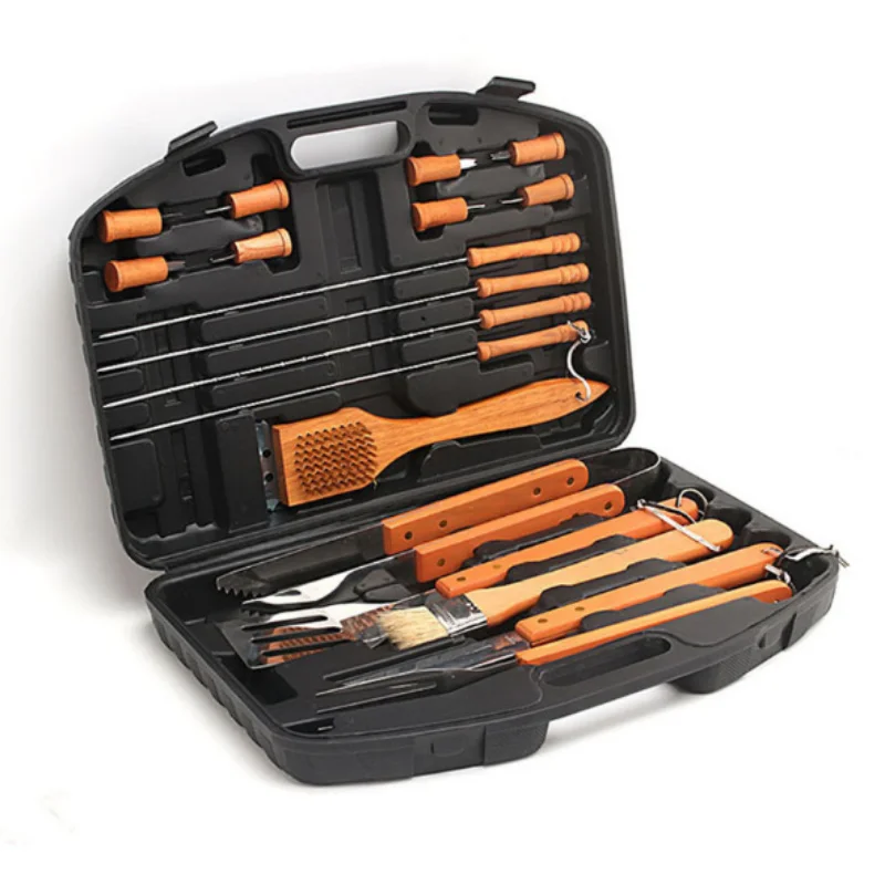 18 Piece Barbecue Set Barbecue Tool Combination Set Barbecue Accessories Stainless Steel Wooden Handle Portable Suitcase BBQ Set