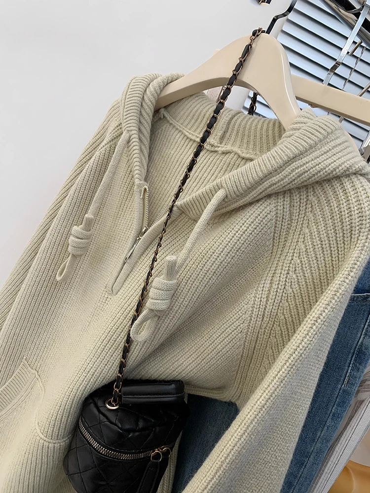 Vintage Half Zipper Women Sweaters Korean Fashion Long Sleeve Knitted Pullover Loose Casual Hooded Knitwear Tops