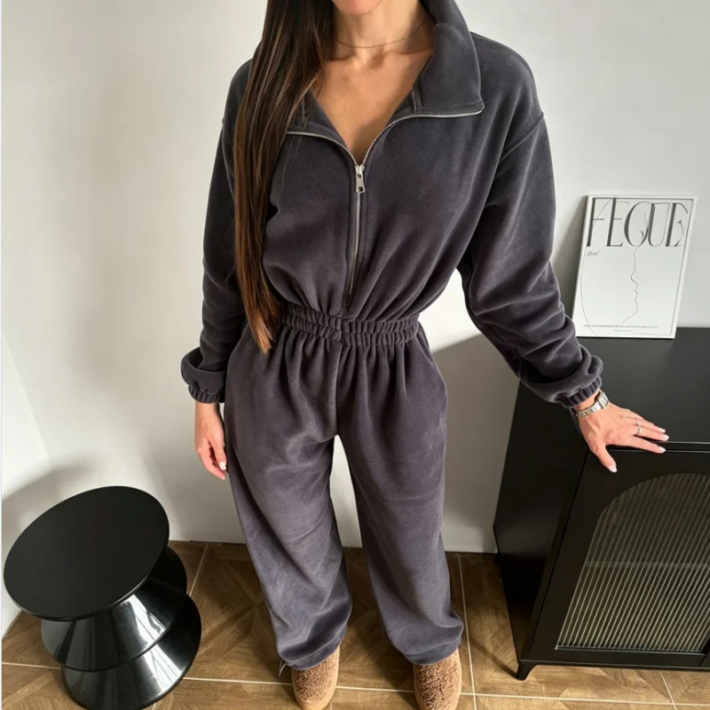 Women's Long-sleeved Jumpsuits Casual Semi-open Zipper Elastic Waist Rompers Vintage Elegant Female Autumn Winter Trend Overall