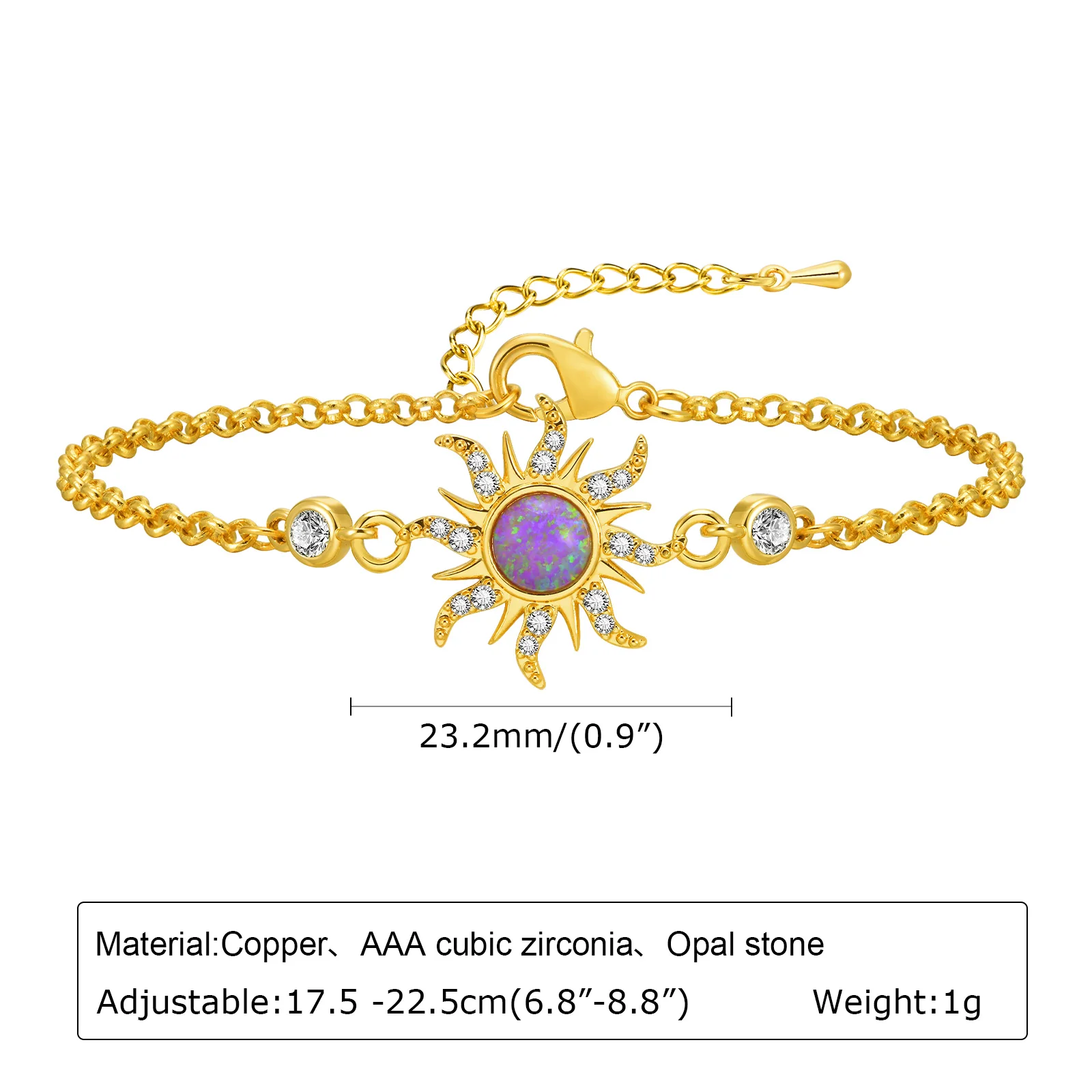 Vnox Purple Opal Stone Sun Charm Bracelets for Women Girls, Gold Plated Copper Cable O Chain Wristband, Cubic Zirconia Jewelry