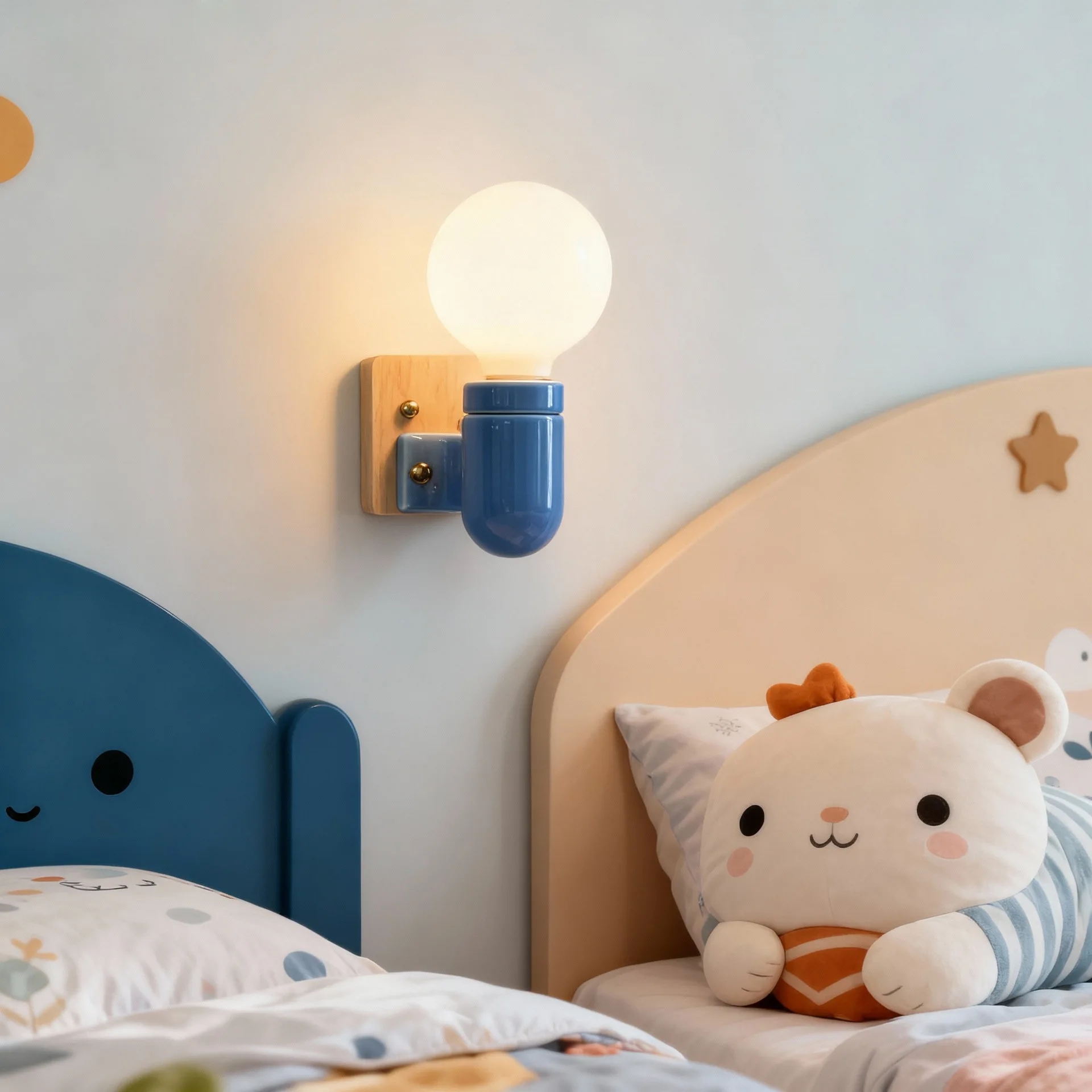 Japanese Style Children's Room Solid Wood Wall Lamps Zipper Switch Optional Yellow Blue Red Colorful Ceramic Wall Light for Kids