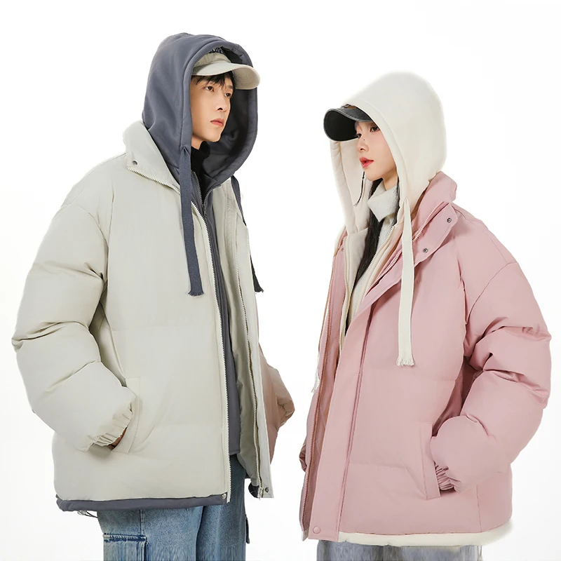 

Unisex Hooded Winter Coat Trendy Two-Tone Parka Jacket Thickened Warm Outerwear for Teens Couples