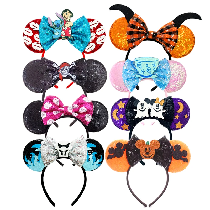 Halloween Mickey Mouse Ears Headbands Women Kids Party Hair Accessories Lilo Stitch Headband for Kids Sequins Bow Hairbands