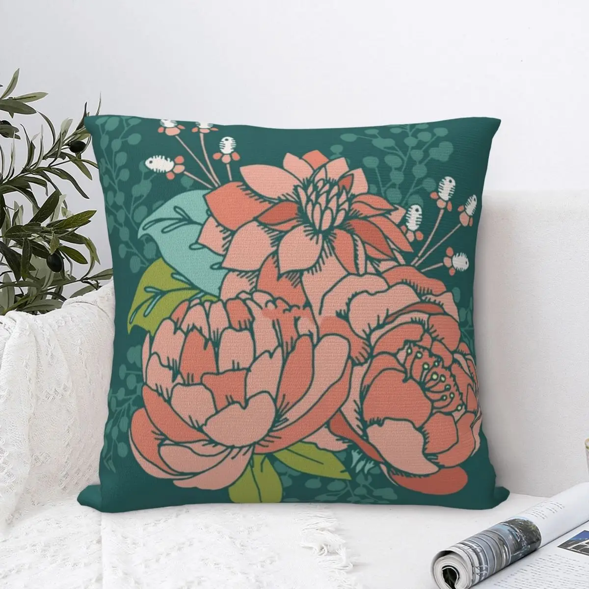 Moody Florals - Teal Square Pillowcase Polyester Pillow Cover Velvet Cushion Decor Comfort Throw Pillow For Home Sofa