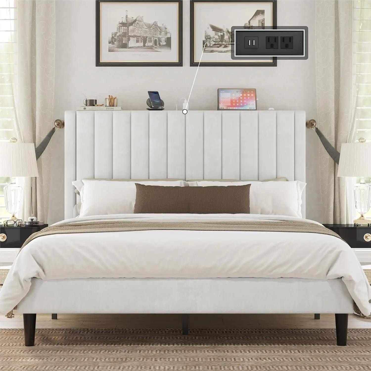 Queen Size Bed Frame, Velvet Upholstered Platform Bed with Channel Tufted Headboard, Mattress Foundation with Wood, Custom