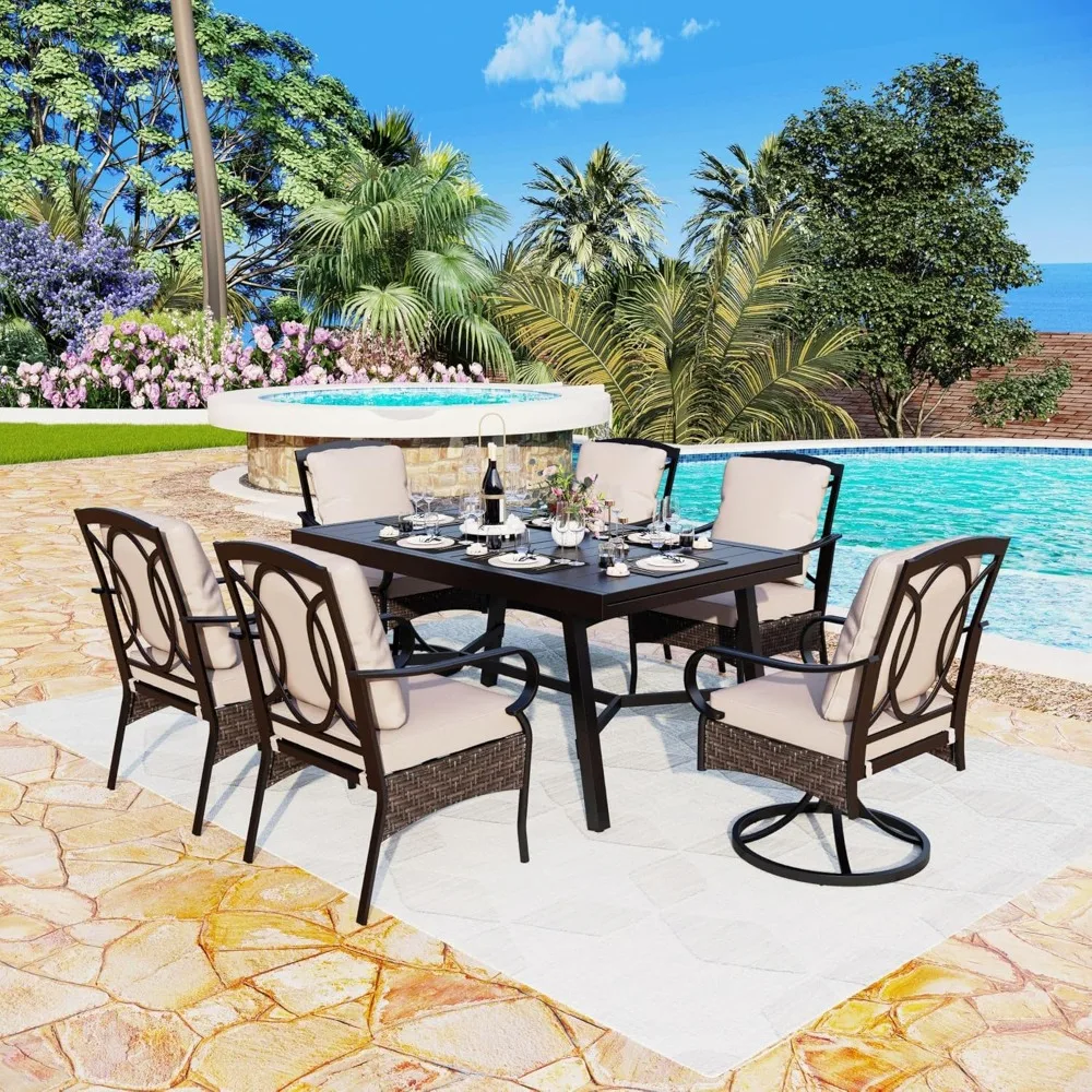 7 Piece Patio Table Set with Expandable Metal Table Set, Patio Table Set with 6 Rattan and Metal Leg Dining Chairs