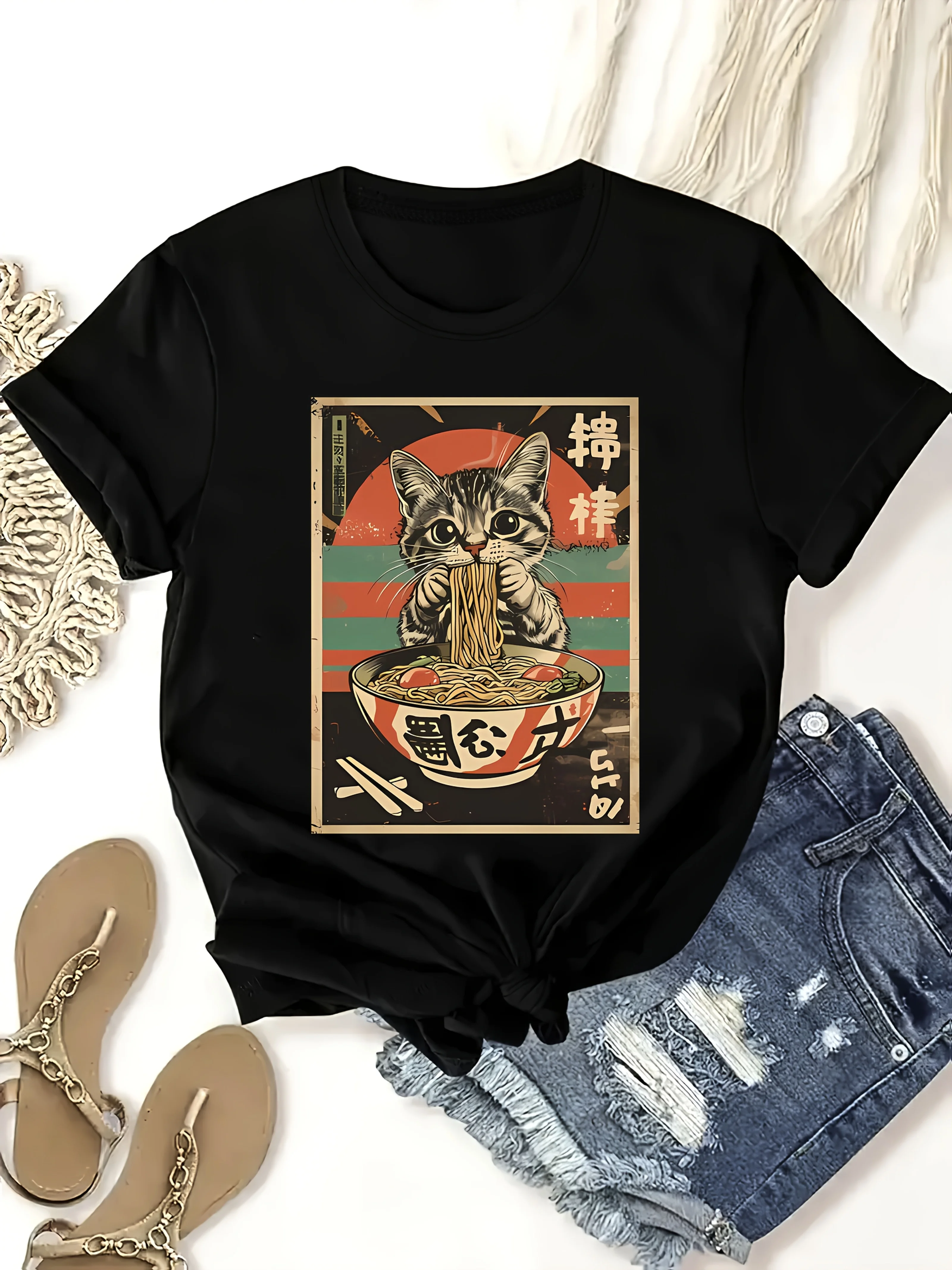 Vintage Ramen Cat Lovers Cat Loves Ramen Graphic Print Fashion Casual Short Sleeve Summer Fit Fit Round Neck Women'S T-Shirt
