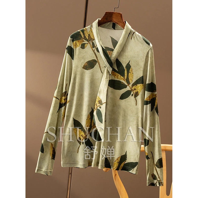 100% Knitted Natural Silk Shirt Long Sleeve T-Shirt Women 07C9 Blusas Mujer De Moda 2025 Verano Elegantes