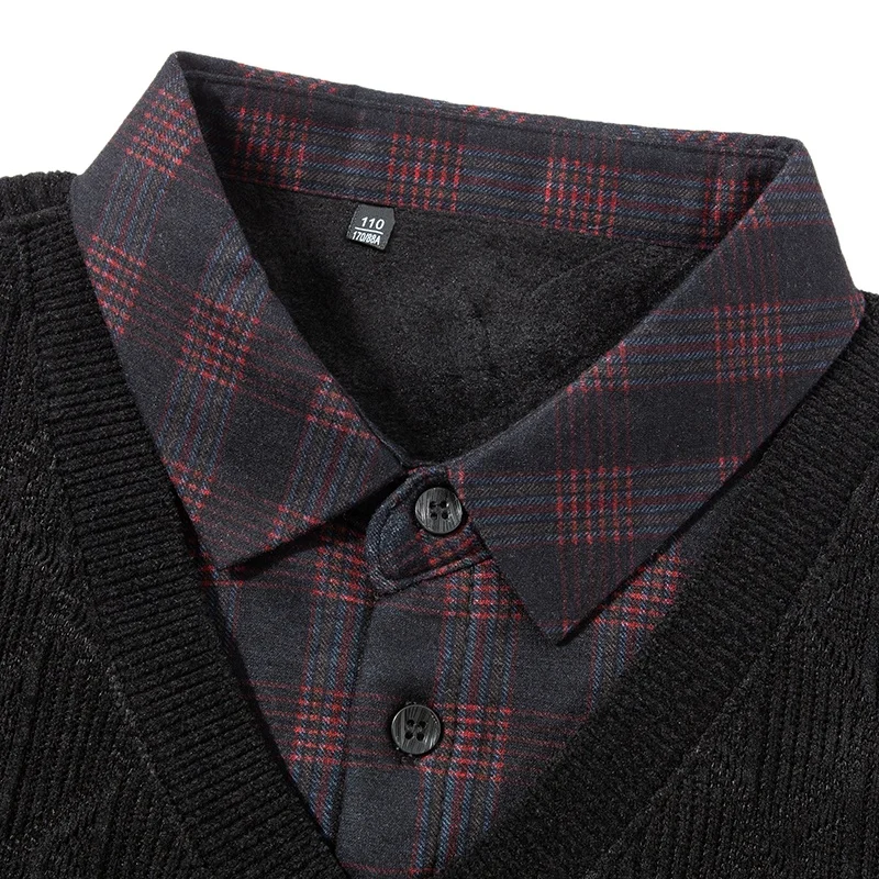 الراقية جودة الرجال التلبيب وهمية قطعتين طويلة الأكمام تريكو شتاء جديد منقوشة أفخم سماكة موضة الأعمال الرجالية