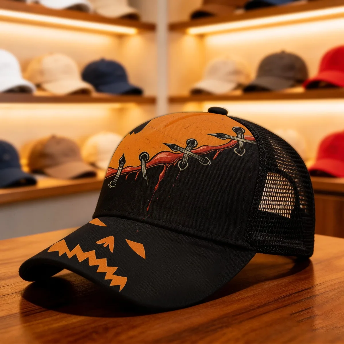 1pc Stitched Pumpkin Face Horror Classic Baseball Cap Mesh Cap Non-Stretch Fabric Durable Headwear Four Seasons