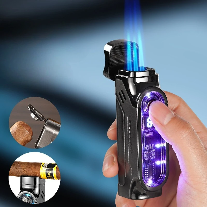 Smart Digital Display Cigar Lighter, Direct Injection 3 Flame, Windproof, with Cigar Drill Cutter, Portable Cigarette Lighter