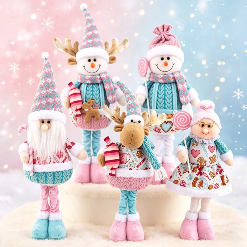 Christmas Plush Doll Telescopic Santa Grandma Figurine Candy Lollipop Pink Blue Xmas Window Table Decor Kids Birthday Gift