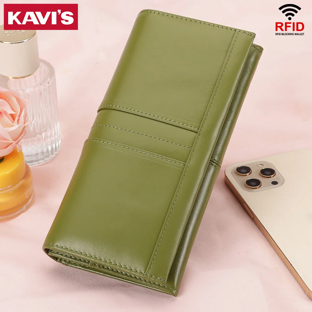 

KAVIS Women Wallet Genuine Leather Handmade Long Purse Female Clutch Money Bags Fashion Handbag for Cell Phone Card Holder